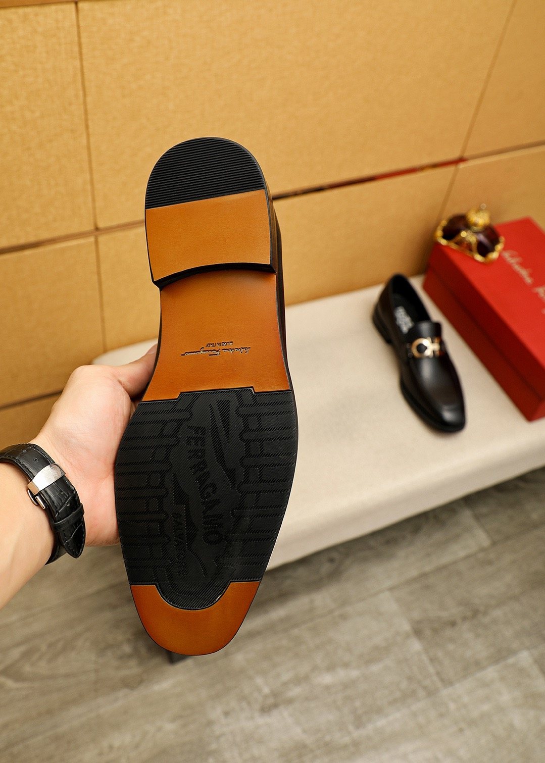 Ferragamo Black Hardware Loafers — side