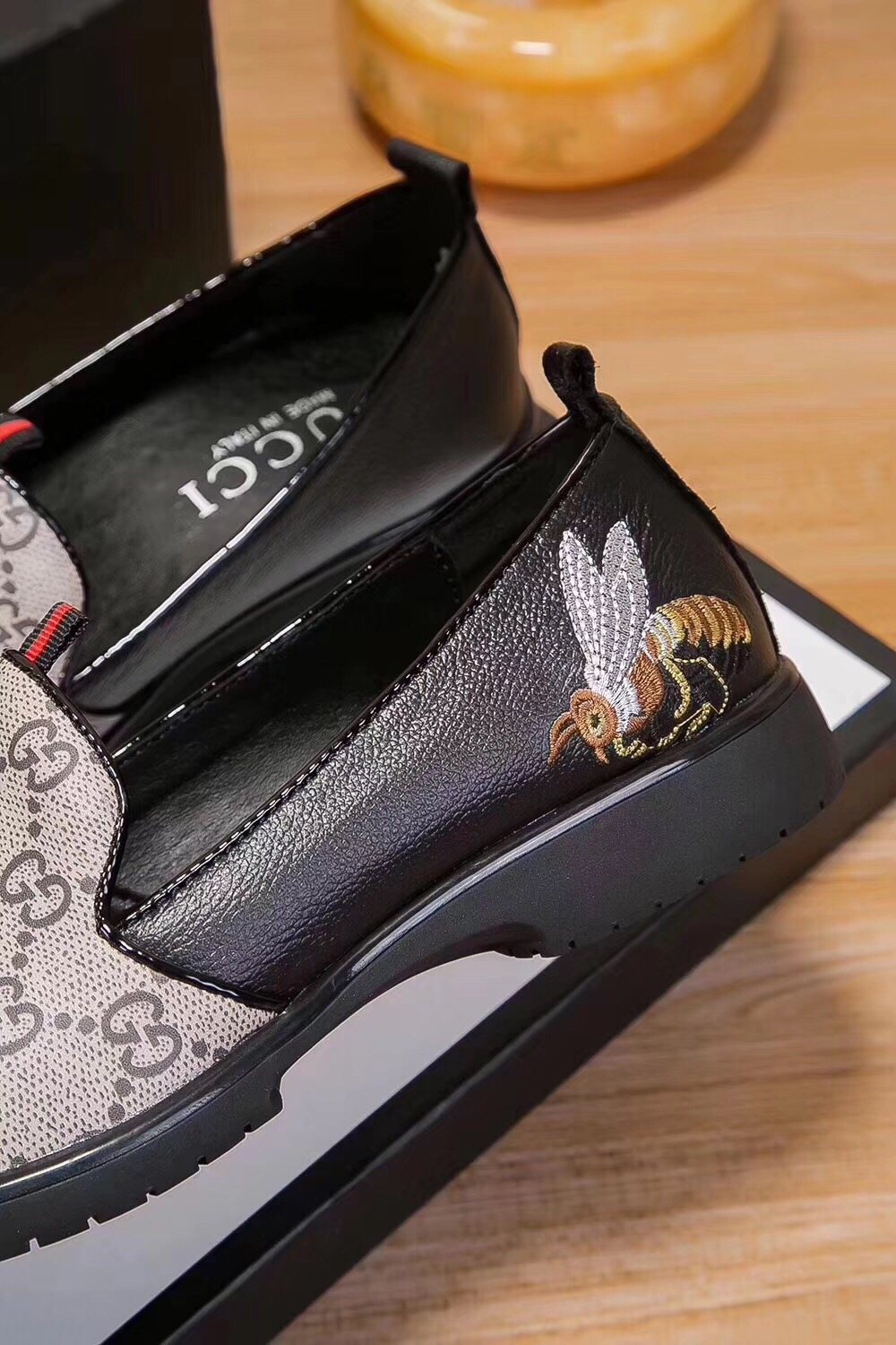 Gucci Beige Monogram Slip-On Shoes — detail
