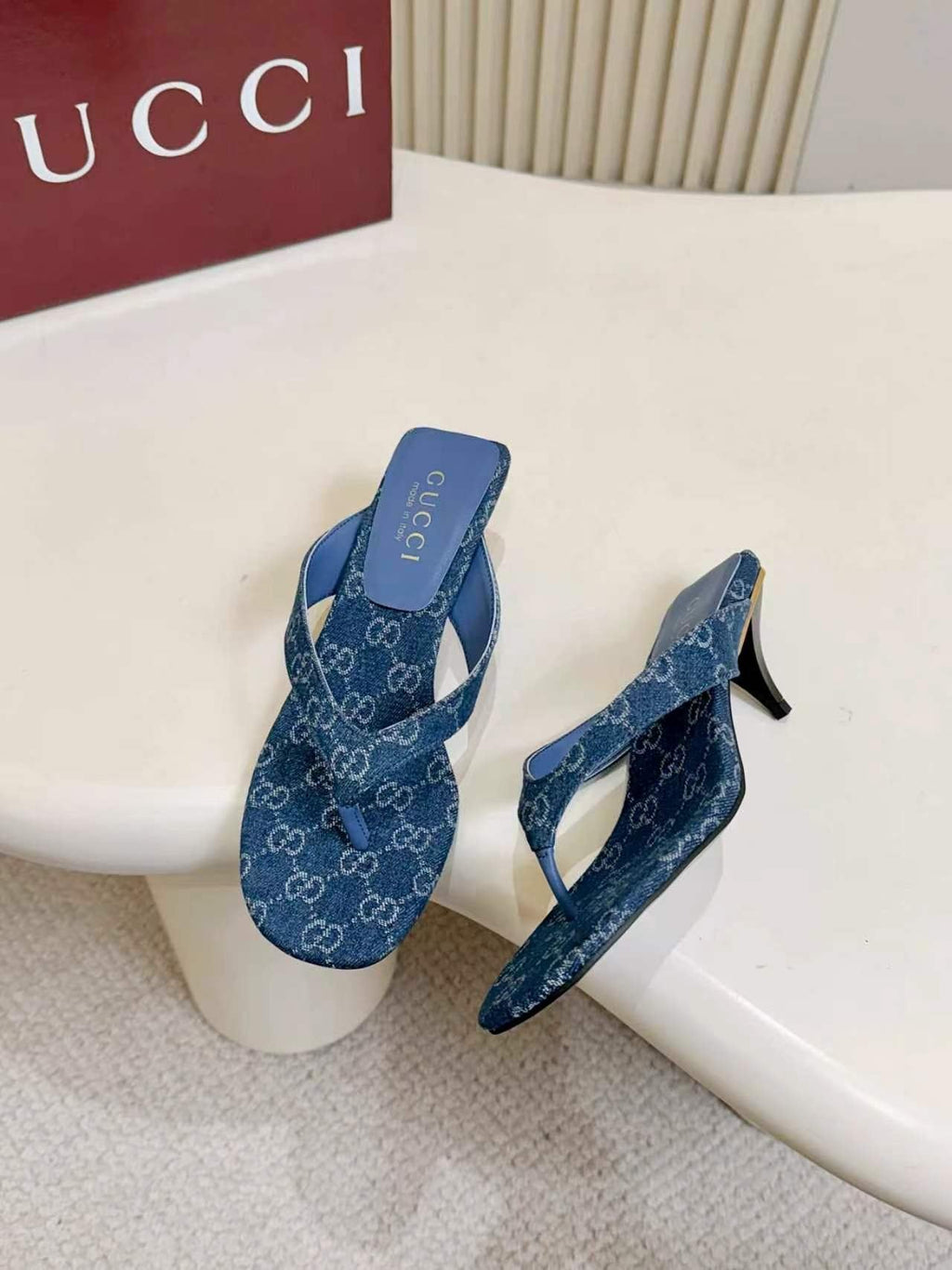 Gucci Blue Monogram Slingback Sandals — side