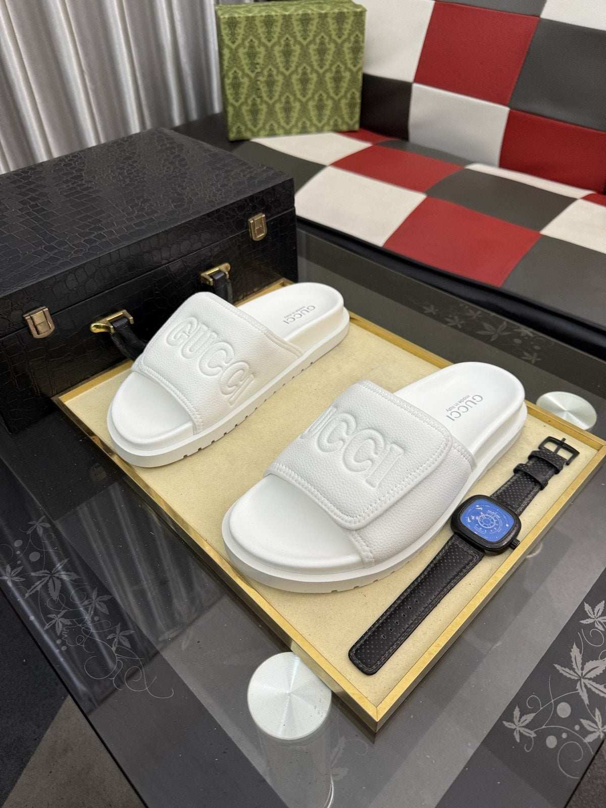 Gucci White Embossed Slide Sandals — hero