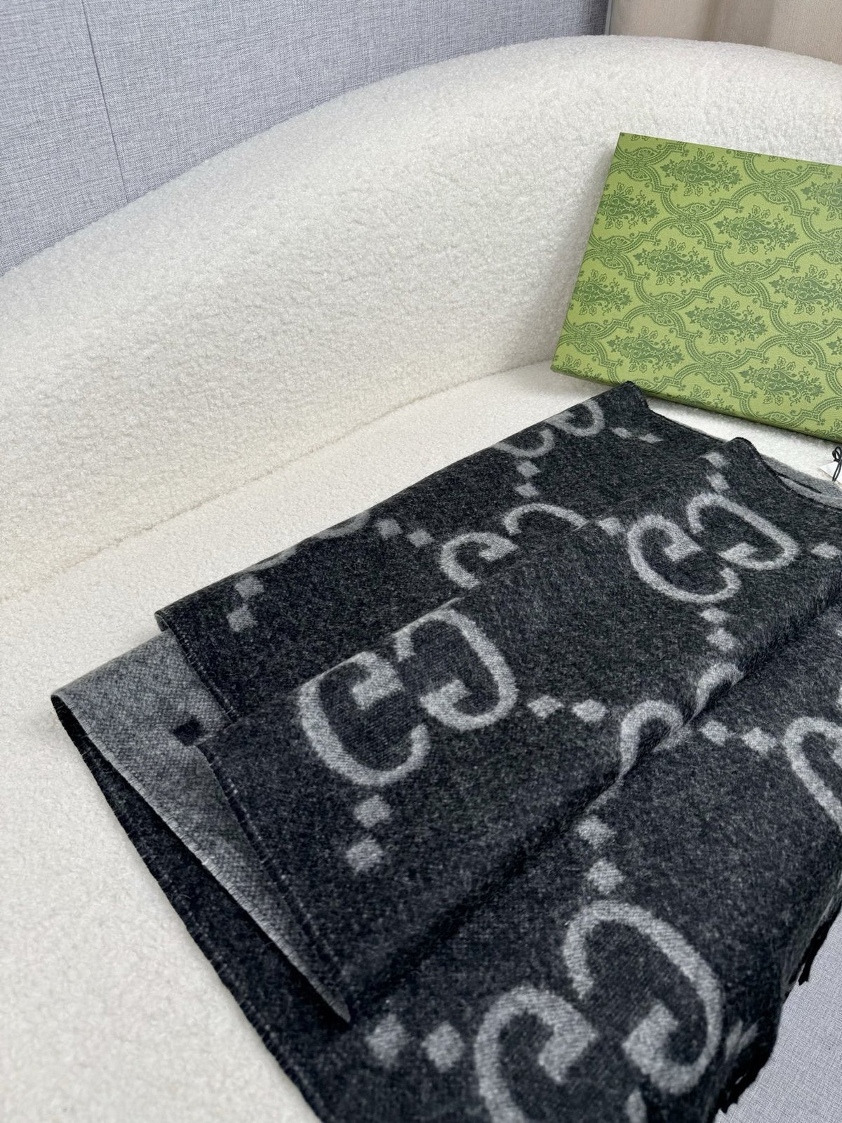 Charcoal Gray and Black Fringed Scarf — detail