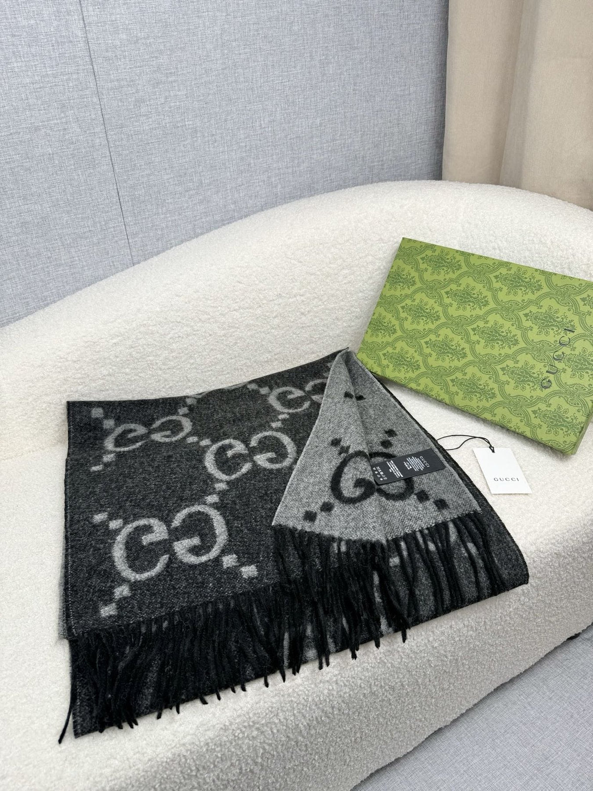 Charcoal Gray and Black Fringed Scarf — side