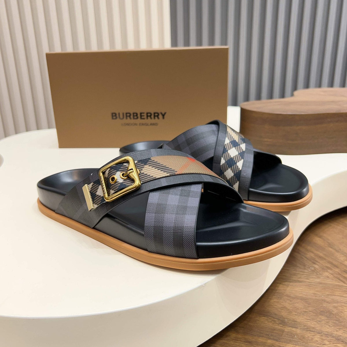 Burberry Charcoal Check Buckle Slide Sandals — front