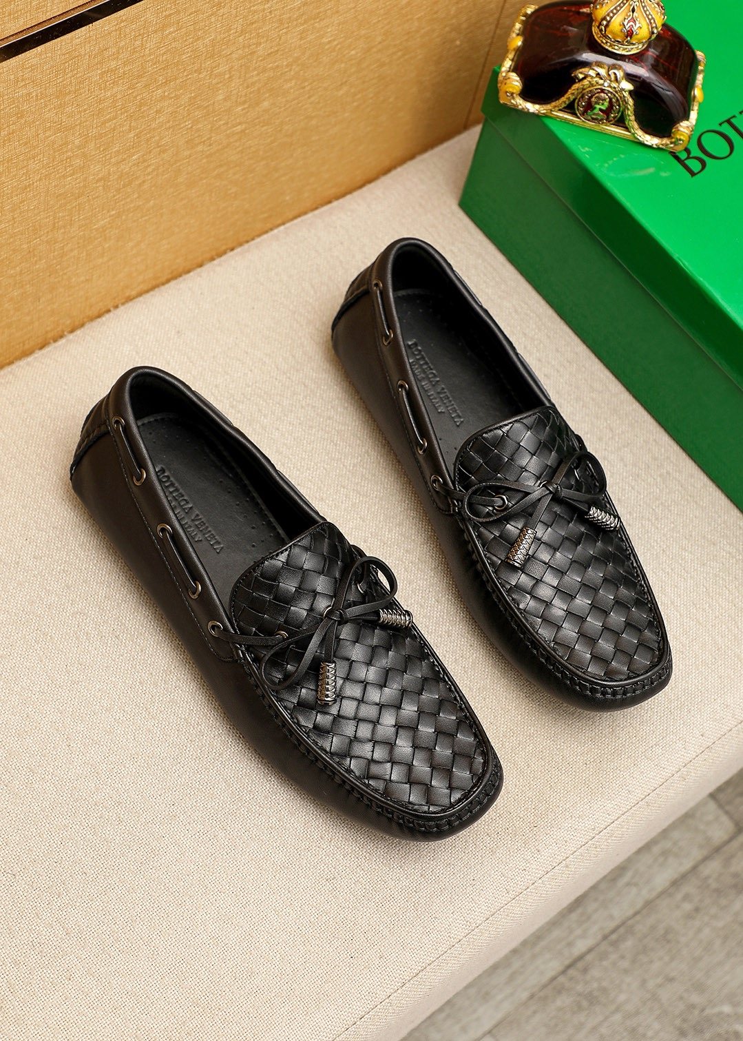 Bottega Veneta Black Woven Bow Loafers — hero