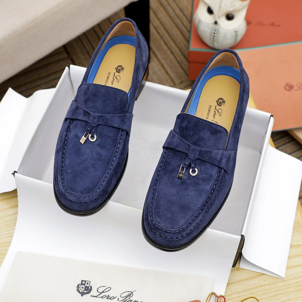 Loro Piana Navy Blue Metal-Bar Loafers — front