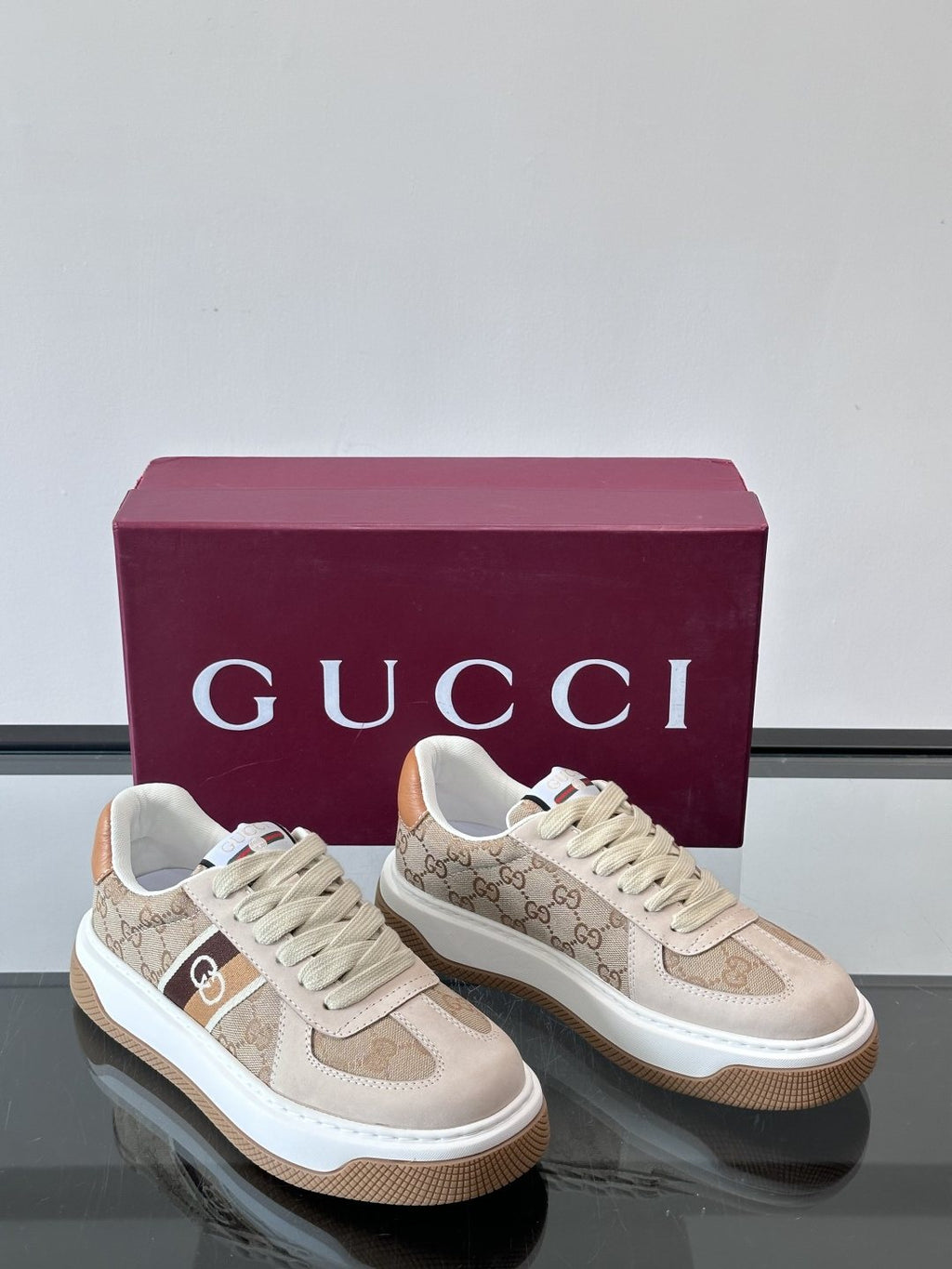 Gucci Beige Patterned Panel Sneakers — front