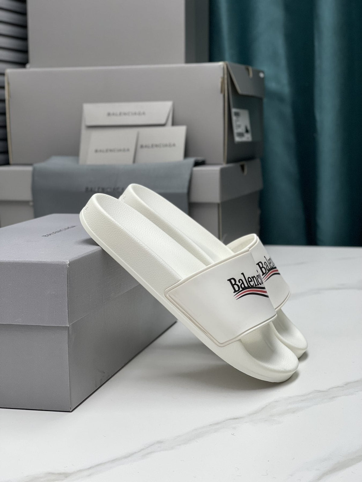 Balenciaga Logo Stripe Slide Sandals — side