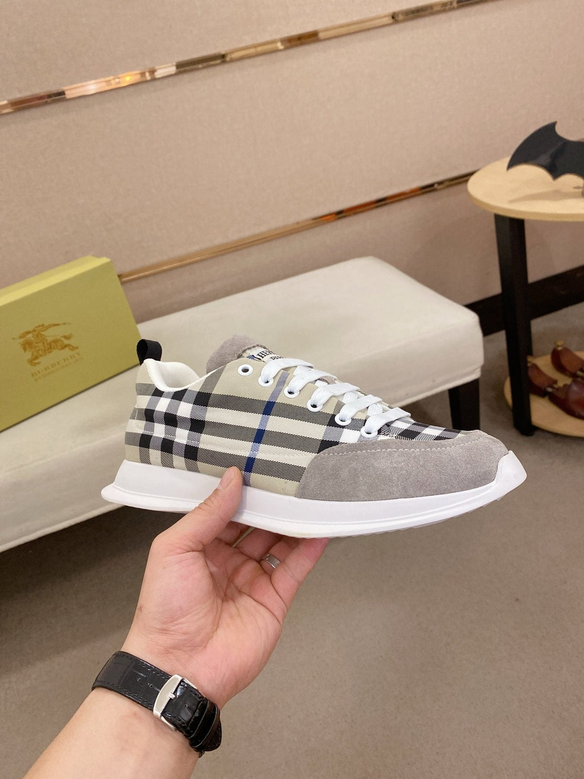 Hermès Gray Plaid Low-Top Sneakers — side