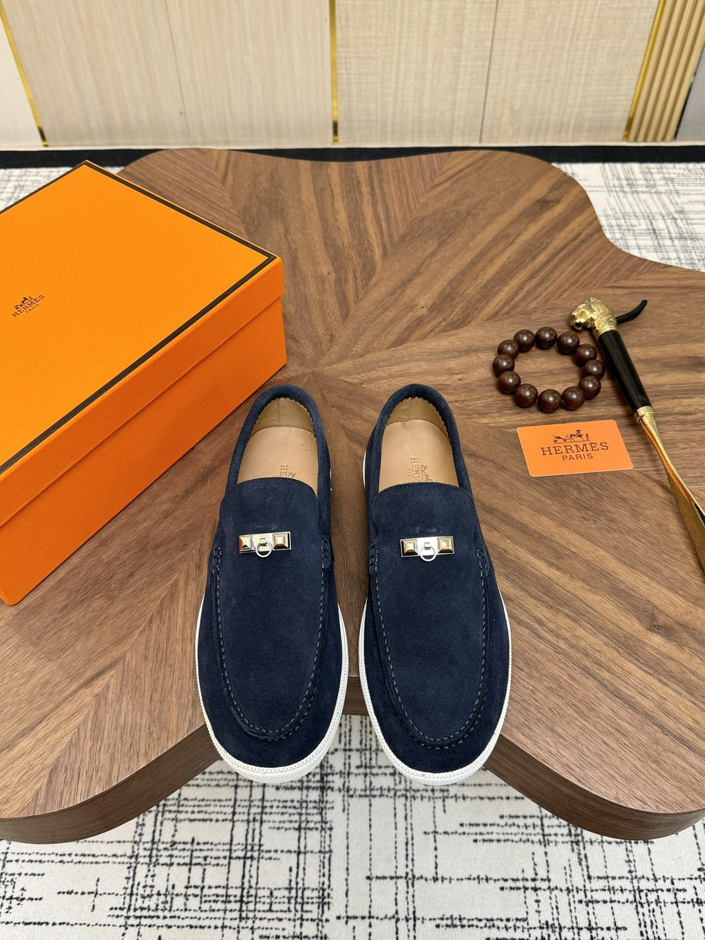 Hermès Navy Slip-On Sneakers — front