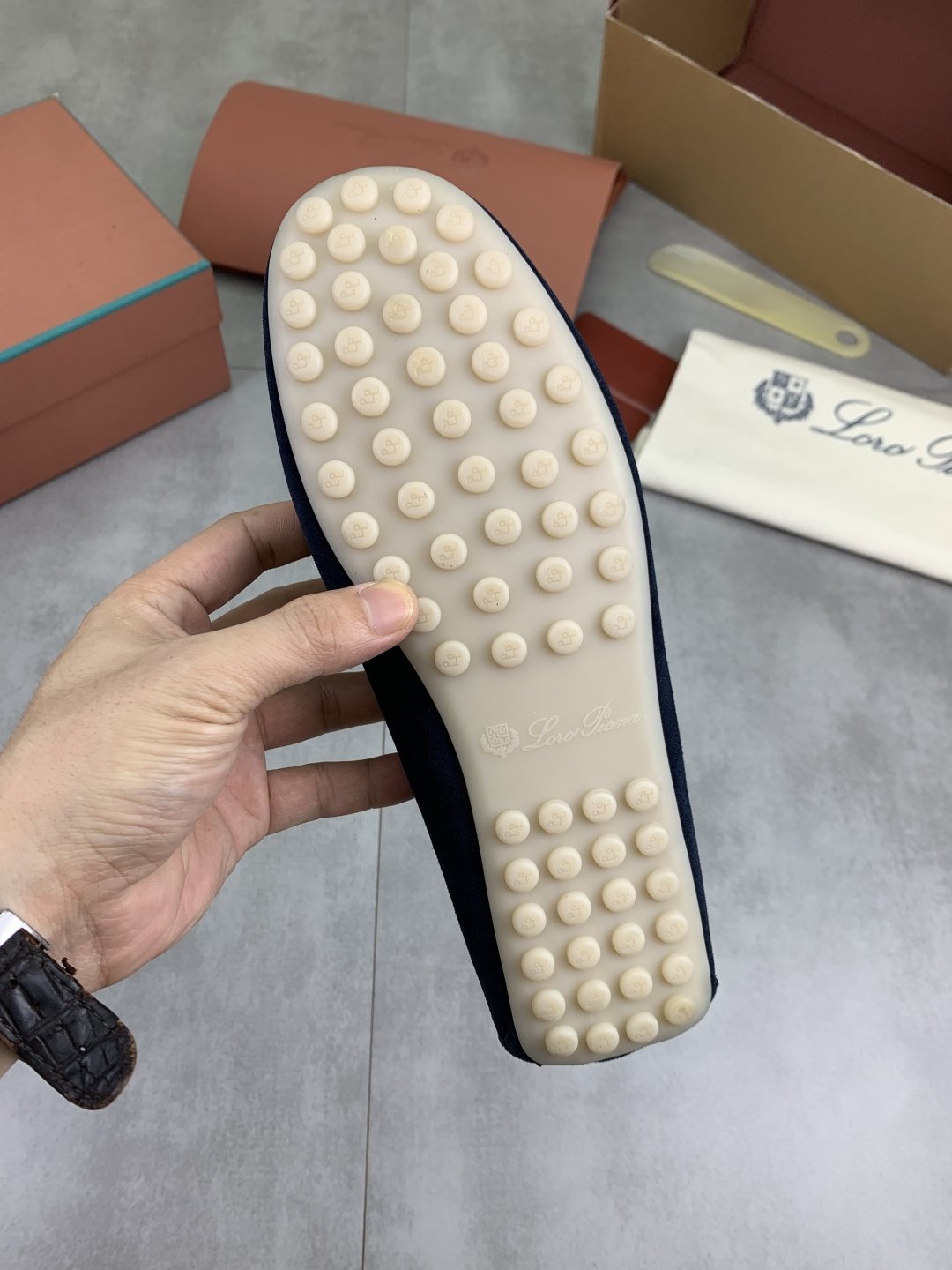 Loro Piana Navy Blue Moc-Toe Loafers — back